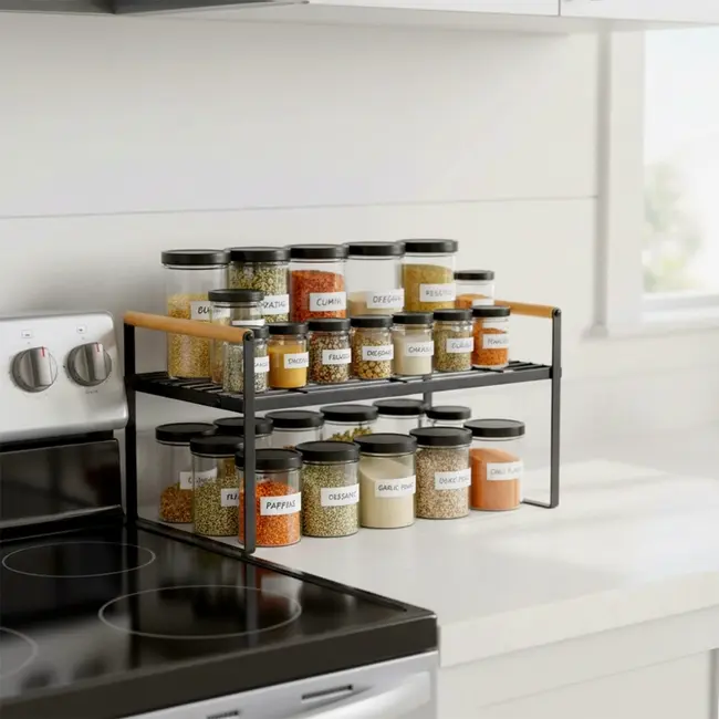 Black Metal Kitchen Shelf 33 × 21 × 19.5 cm – with Bamboo Details