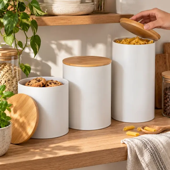 Witte metalen spaghetti voorraadpot met bamboedeksel – 2,65 liter