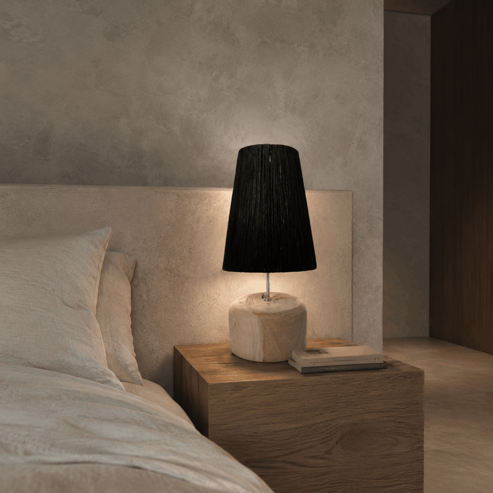 Bazar Bizar Antwerp The Raffia Teak Wood Table Lamp - Natural Black