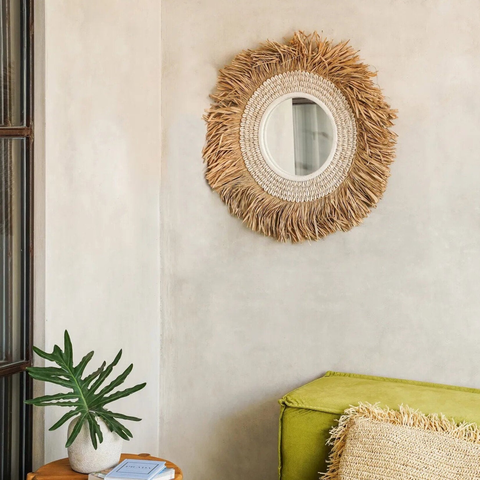 Bazar Bizar Antwerp The Raffia Cowrie Mirror - Natural White