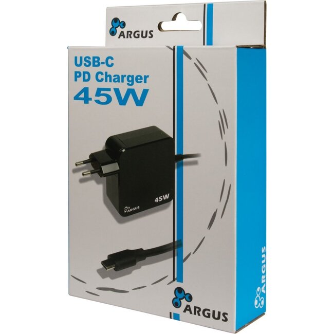 Inter-Tech Argus PD-2045 | Universele USB-C Oplader 45W | Zwart | Met Geïntegreerde Kabel