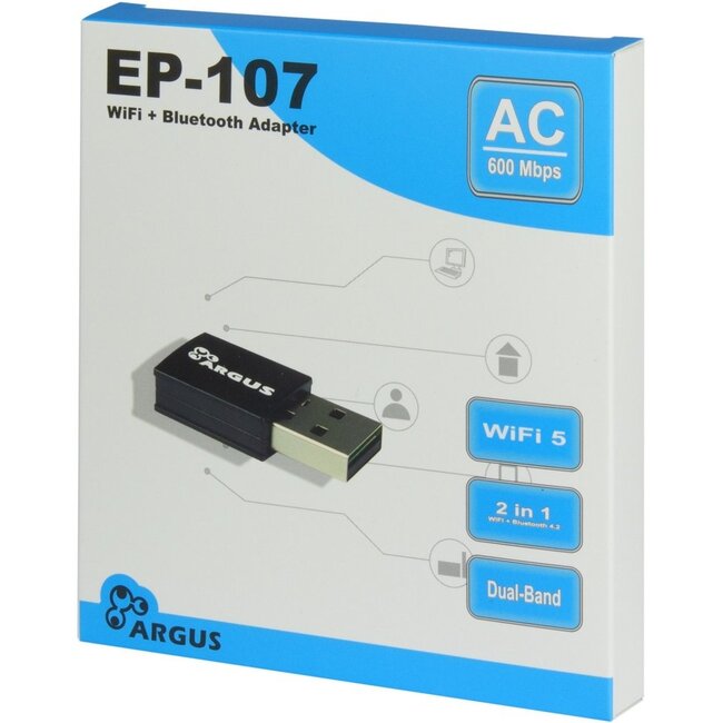 Inter-Tech Argus EP-107 | Wi-Fi 5 USB Adapter | 600 Mbps | Dual-band (2,4 GHz / 5 GHz) | Bluetooth 4.2 | USB 2.0