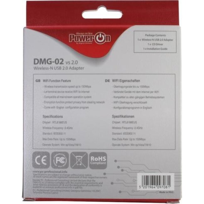 Inter-Tech DMG-02 | Wi-Fi 4 USB Nano Adapter | 150 Mbps | 2,4 GHz | USB 2.0