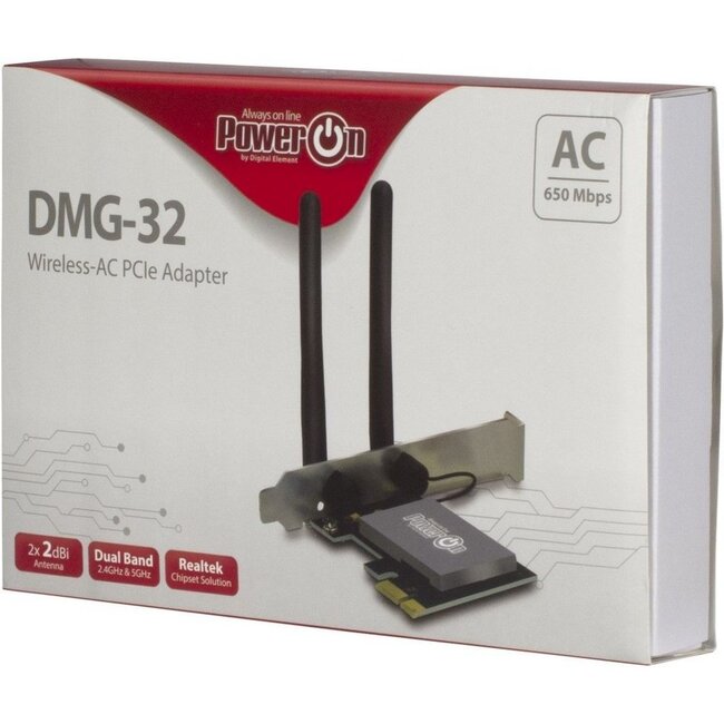 Inter-Tech DMG-32 | Interne WLAN-adapter | PCIe x1 | Wi-Fi 5 (802.11ac) | Dual-band 2,4 & 5 GHz | 650 Mbps | 2x 2dBi antennes