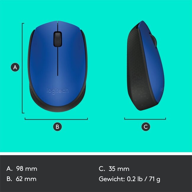 Logitech M171 | Draadloze Muis | Links- en Rechtshandig | RF | 1000 DPI | Zwart/Blauw