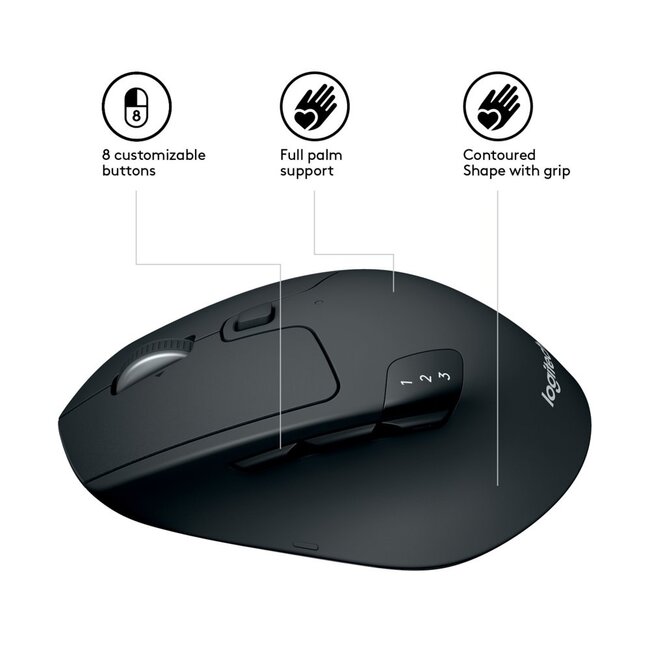 Logitech M720 Triathlon | Draadloze Muis | Rechtshandig | RF + Bluetooth | 1000 DPI | Zwart