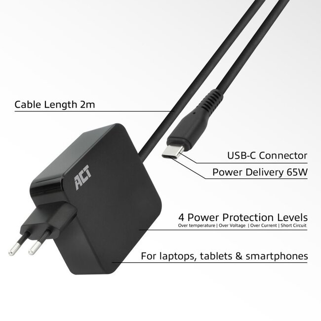ACT AC2010 | Universele USB-C Notebook Lader | 65 Watt PDP | 2 Meter