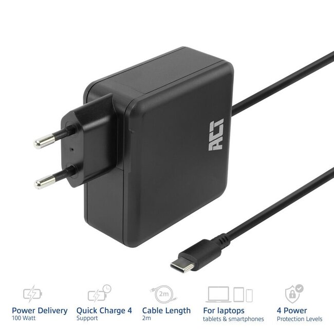 ACT AC2015 | 100W USB-C Laptoplader | Power Delivery | Vaste 2 Meter USB-C Kabel