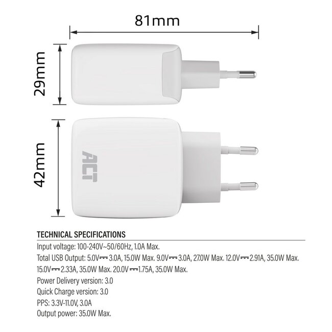 ACT AC2135 | USB-C Lader 35W | Power Delivery PPS & GaNFast