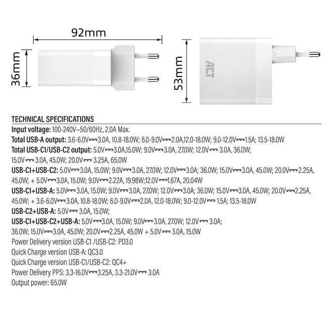 ACT AC2170 USB-C/USB-A Lader | 3-Poorts met PPS, QuickCharge & GaNFast | 65W