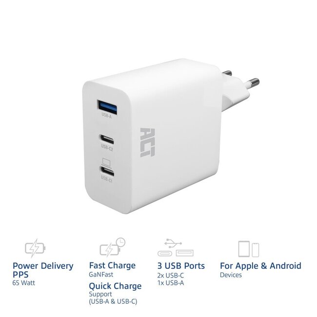 ACT AC2170 USB-C/USB-A Lader | 3-Poorts met PPS, QuickCharge & GaNFast | 65W