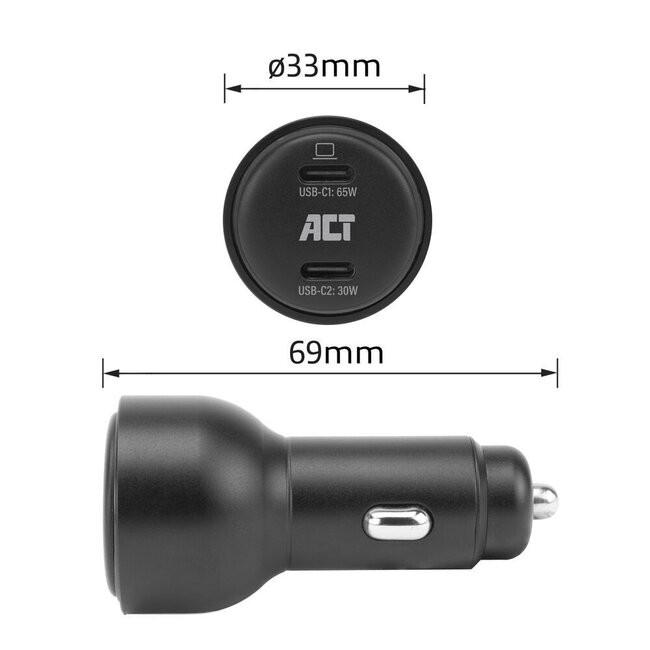 ACT AC2210 | 2 Poorts USB-C Autolader 95W | Power Delivery PPS & Quick Charge 5 | GaNFast