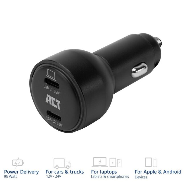 ACT AC2210 | 2 Poorts USB-C Autolader 95W | Power Delivery PPS & Quick Charge 5 | GaNFast