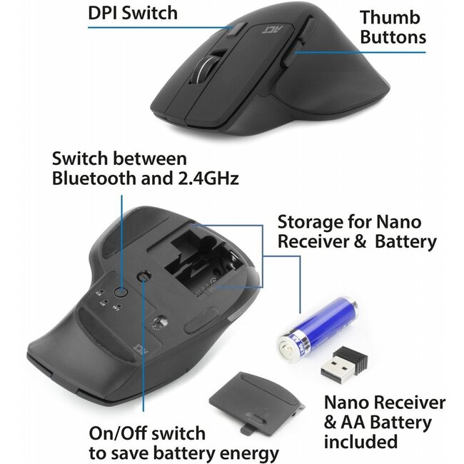 ACT AC5147 | Draadloze Multi-Connect Muis | Bluetooth en USB-A Ontvanger | Oplaadbaar | 4800 DPI | Stille Klik | Zwart