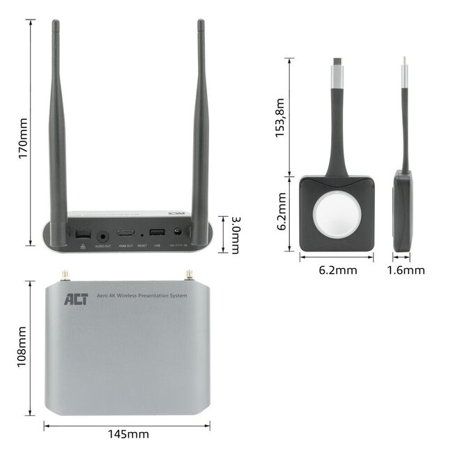 ACT Aero 4K Draadloos Presentatiesysteem (AC7960) | 4K (3840x2160) | USB-C | HDMI | Plug and Play | Multi User | Split Screen