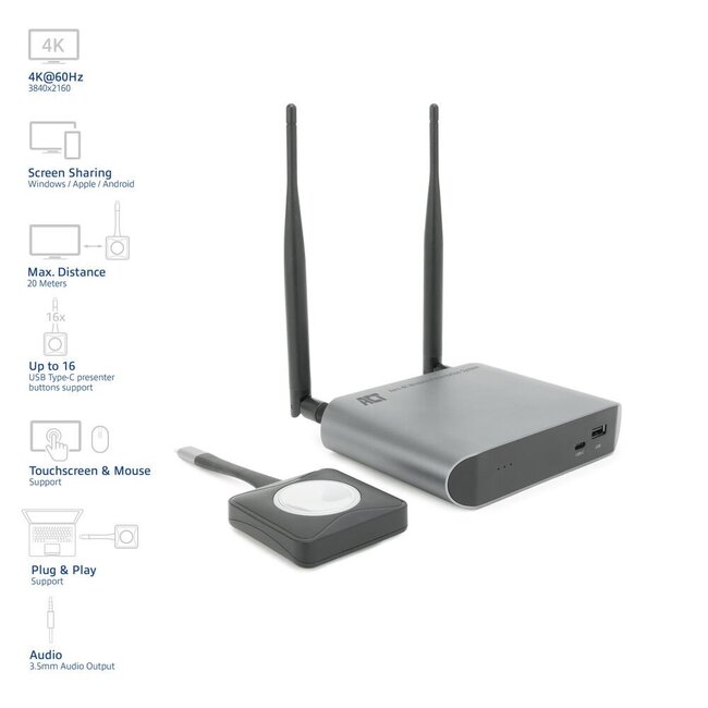 ACT Aero 4K Draadloos Presentatiesysteem (AC7960) | 4K (3840x2160) | USB-C | HDMI | Plug and Play | Multi User | Split Screen