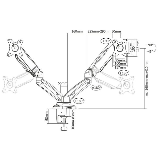ACT AC8312 | Verstelbare Monitor-bureaubeugel | Tot 32" | Max 9kg | VESA 100x100 | 2 Monitoren