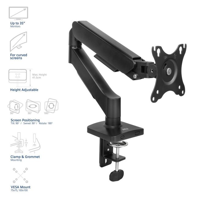 ACT AC8313 Essentials | Verstelbare Monitor-bureaubeugel | Tot 35" | Max 9 kg | VESA 75x75 / 100x100 | 1 Monitor | Gasveer