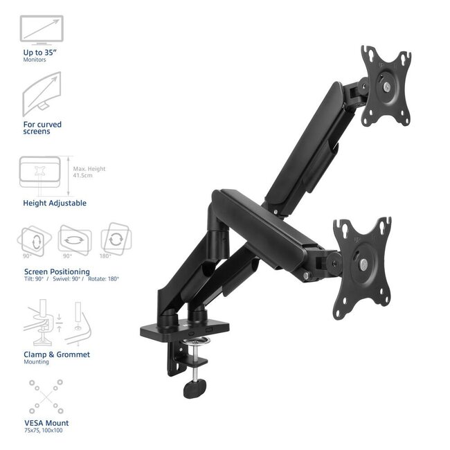 ACT AC8314 Monitorarm Essentials | Verstelbare Monitor-bureaubeugel | Tot 35" | Max 2x 9 kg | VESA 75x75 / 100x100 | 2 Monitoren | Gasveer