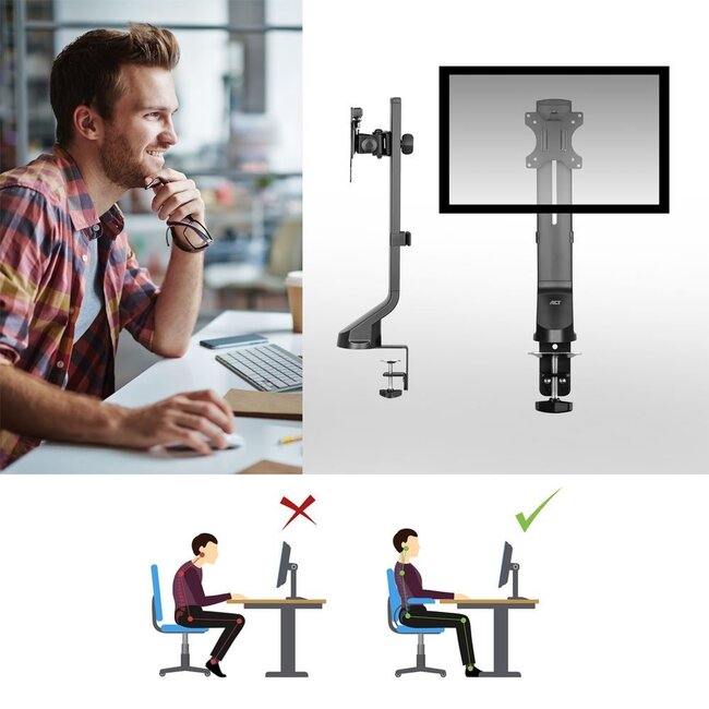ACT AC8321 | In Hoogte Verstelbare Monitor-bureaubeugel | Tot 32" | Max 8kg | VESA 100x100 | 1 Monitor