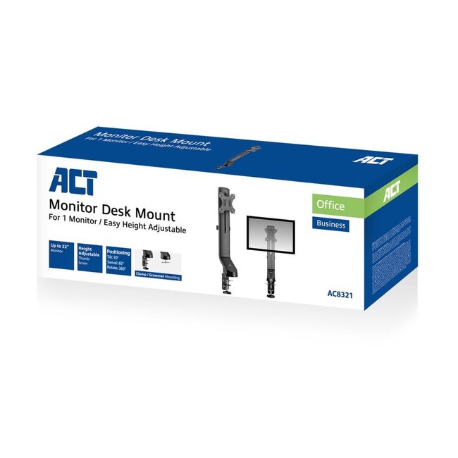 ACT AC8321 | In Hoogte Verstelbare Monitor-bureaubeugel | Tot 32" | Max 8kg | VESA 100x100 | 1 Monitor