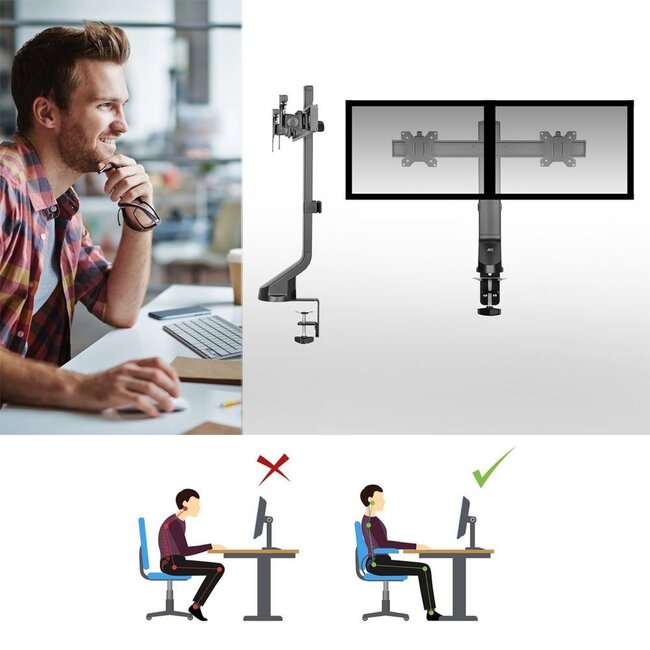 ACT AC8332 | In Hoogte Verstelbare Monitor-bureaubeugel | Tot 27" | Max 7kg | VESA 100x100 | 2 Monitoren