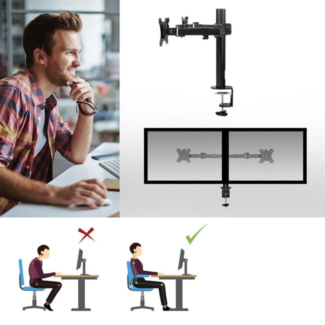 ACT AC8326 | Verstelbare Monitor-bureaubeugel | Tot 32" | Max 12kg | VESA 100x100 | 2 Monitoren