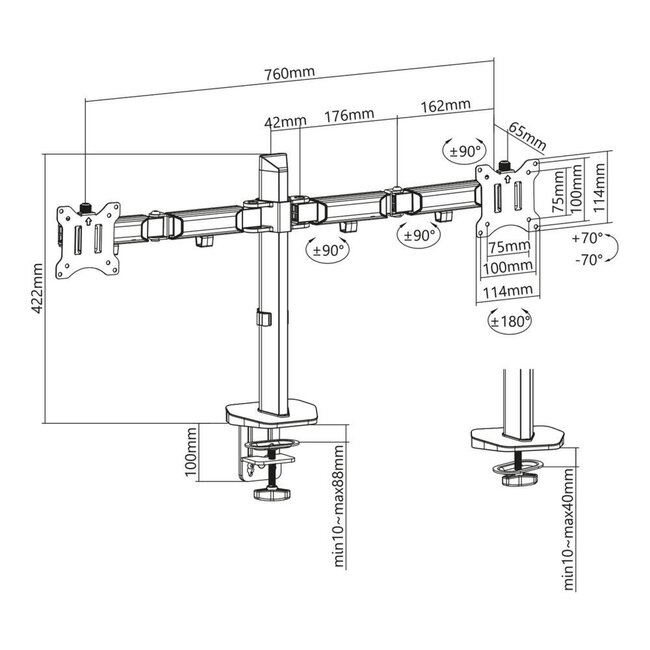 ACT AC8336 | Verstelbare Monitor-bureaubeugel | Tot 32" | Max 9kg | VESA 100x100 | 2 Monitoren