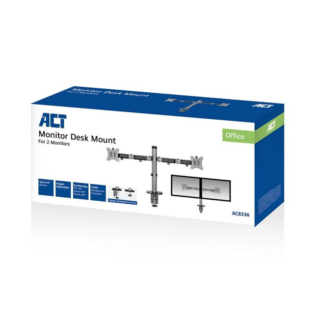 ACT AC8336 | Verstelbare Monitor-bureaubeugel | Tot 32" | Max 9kg | VESA 100x100 | 2 Monitoren