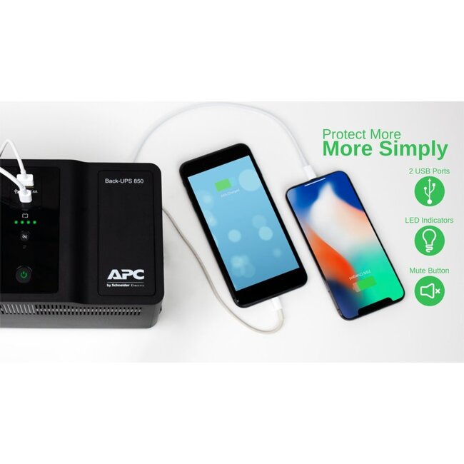 APC Back-UPS BE850G2-GR | 850 VA | 8 Schuko Stopcontacten (6 op Accu) | USB Type-A & C | AVR Spanningstabilisatie | Bescherming tegen Stroomstoringen