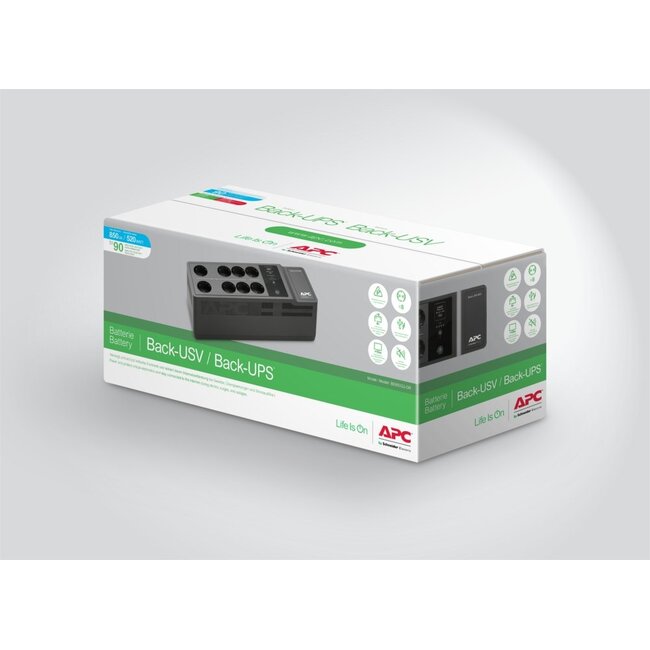 APC Back-UPS BE850G2-GR | 850 VA | 8 Schuko Stopcontacten (6 op Accu) | USB Type-A & C | AVR Spanningstabilisatie | Bescherming tegen Stroomstoringen