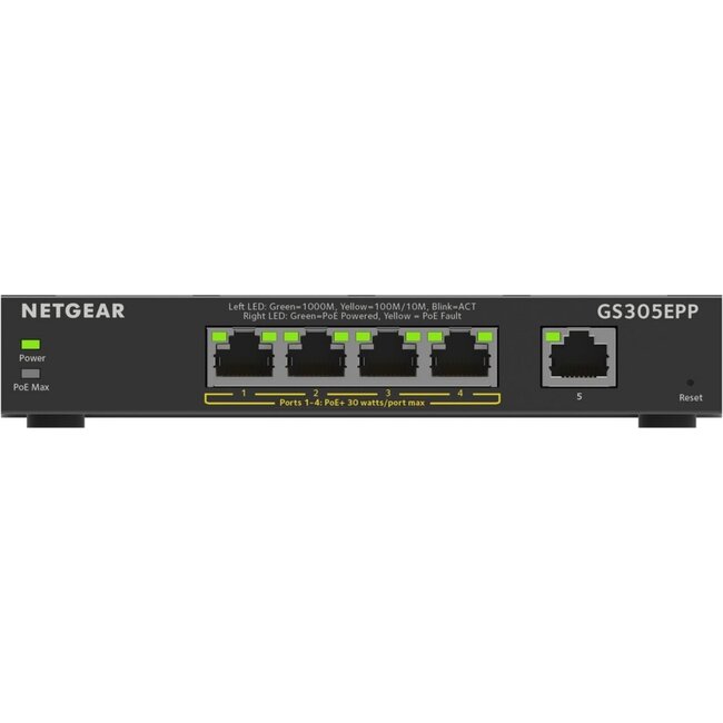 Netgear GS305EPP-100PES | 5-poorts Gigabit Smart Managed Plus PoE+ Switch | 120W PoE-vermogen | VLAN/QoS | Webbeheer