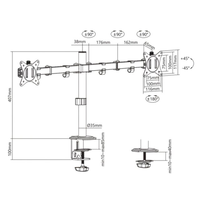 SBOX LCD-352/2-2 | Verstelbare Monitor-bureaubeugel | Tot 32" | Max 9kg | VESA 100x100 | 2 Monitoren