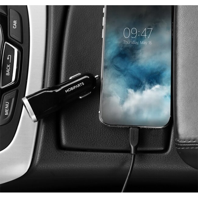 Mobiparts Car Charger | Dual USB-A & USB-C Autolader 12W | Zwart