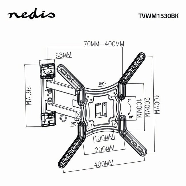 Nedis TVWM1530BK | Draai- en kantelbare TV-plafondbeugel | 23''-55'' | max 30kg | VESA 400x400