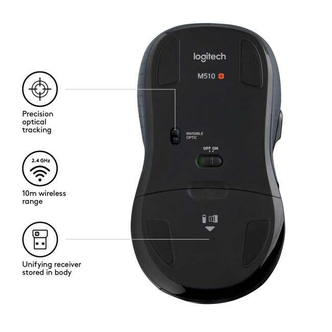 Logitech M510 | Draadloze Muis | Links- en Rechtshandig | RF | 1000 DPI | Zwart | Returned (refurbished)