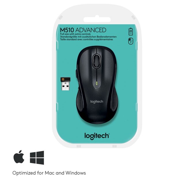 Logitech M510 | Draadloze Muis | Links- en Rechtshandig | RF | 1000 DPI | Zwart | Returned (refurbished)