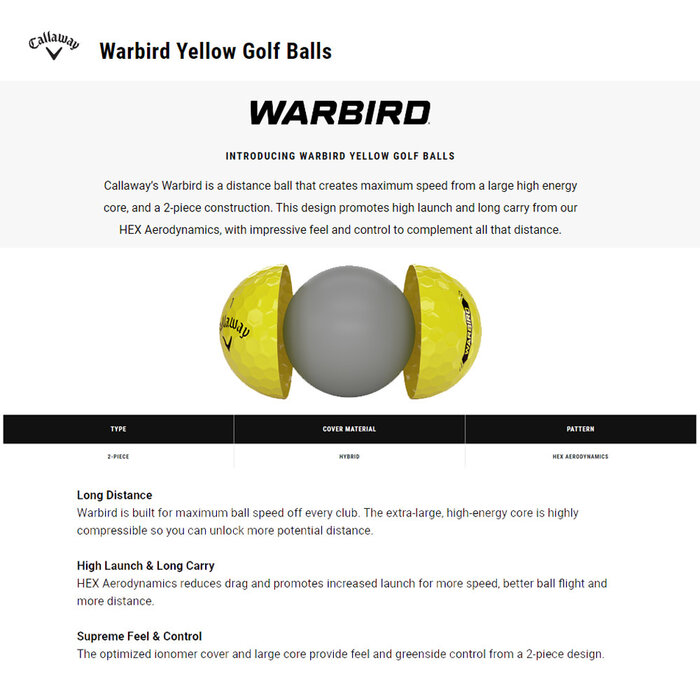 Callaway Callaway Warbird 2025 Distance+ Pelotas de Golf - Amarillo - 12 Unidades