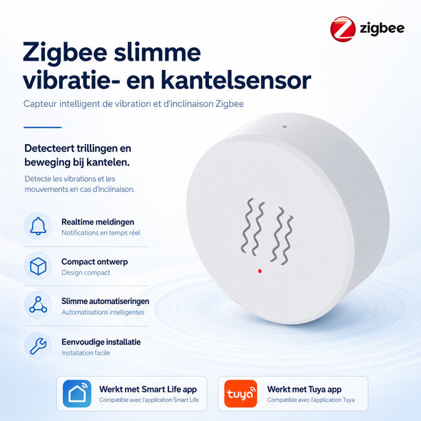 Smartlife Domotica Zigbee sensor voor trillingsdetectie met realtime melding en Wifi connectiviteit