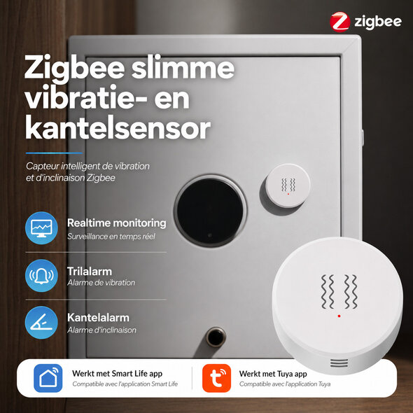 Smartlife Domotica Zigbee sensor voor trillingsdetectie met realtime melding en Wifi connectiviteit