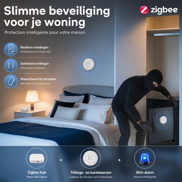 Smartlife Domotica Zigbee sensor voor trillingsdetectie met realtime melding en Wifi connectiviteit