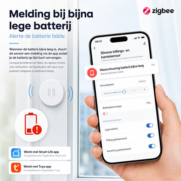 Smartlife Domotica Zigbee sensor voor trillingsdetectie met realtime melding en Wifi connectiviteit