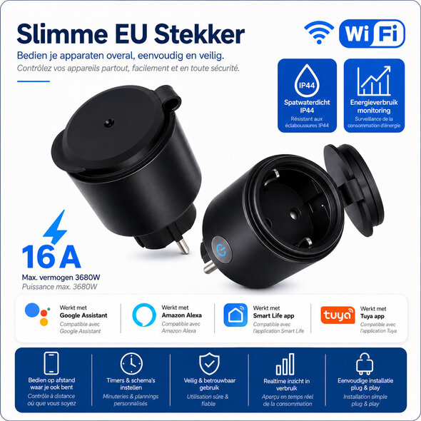 Smartlife Domotica Wifi waterdichte outdoor stekker met IP44, 16A/3680W, Tuya Smart Life - Zwart