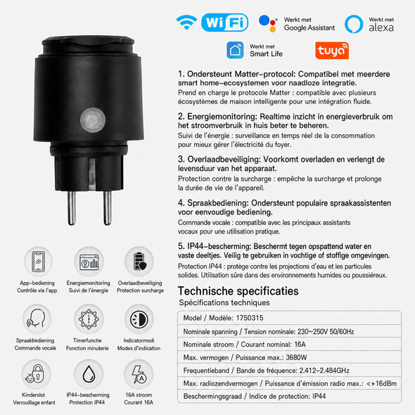 Smartlife Domotica Wifi waterdichte outdoor stekker met IP44, 16A/3680W, Tuya Smart Life - Zwart