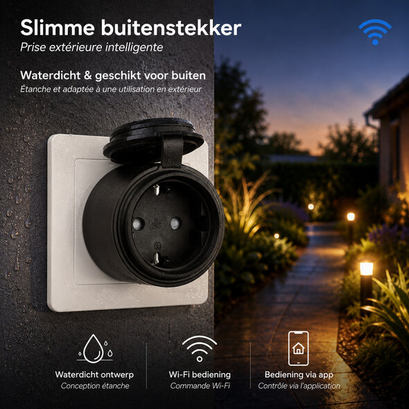 Smartlife Domotica Wifi waterdichte outdoor stekker met IP44, 16A/3680W, Tuya Smart Life - Zwart