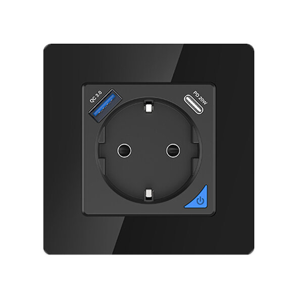 Smartlife Domotica Inbouw stopcontact voor opladen met USB en USB-C PD met WiFi bediening en zwart (glaspaneel)