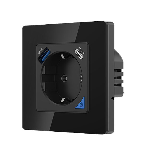 Smartlife Domotica Inbouw stopcontact voor opladen met USB en USB-C PD met WiFi bediening en zwart (glaspaneel)