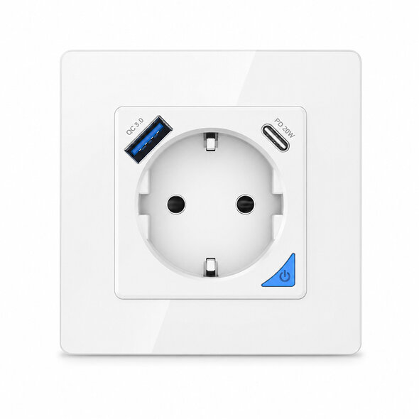 Smartlife Domotica Inbouw stopcontact voor opladen met USB en USB-C PD met WiFi bediening wit (glaspaneel)