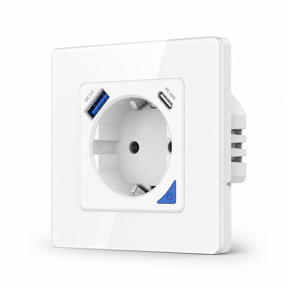 Smartlife Domotica Inbouw stopcontact voor opladen met USB en USB-C PD met WiFi bediening wit (glaspaneel)