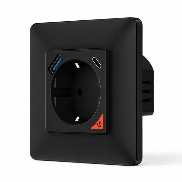 Smartlife Domotica Inbouw stopcontact voor opladen met USB en USB-C PD met WiFi bediening en spraakassistent compatibiliteit (zwart)